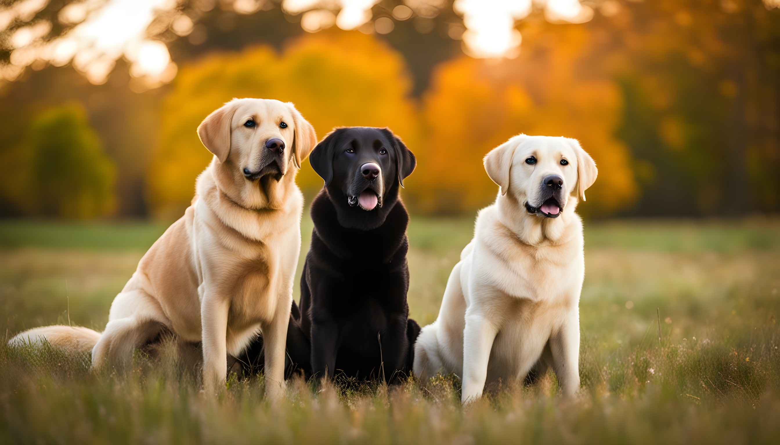 Labrador Retrievers showing off their various coat colors.