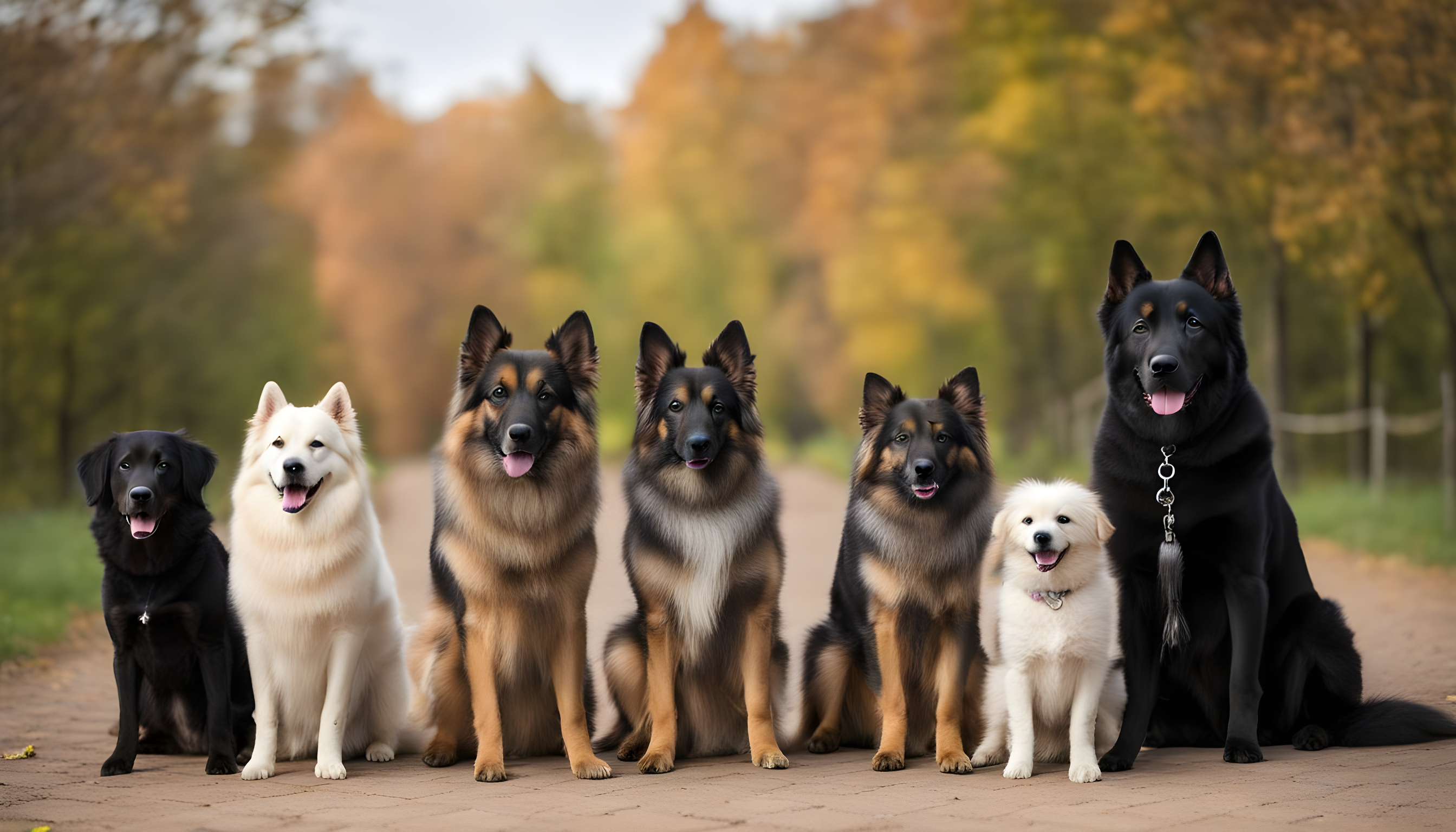 "Lineup of similarly sized dog breeds standing side by side, with a Sheprador in the middle."