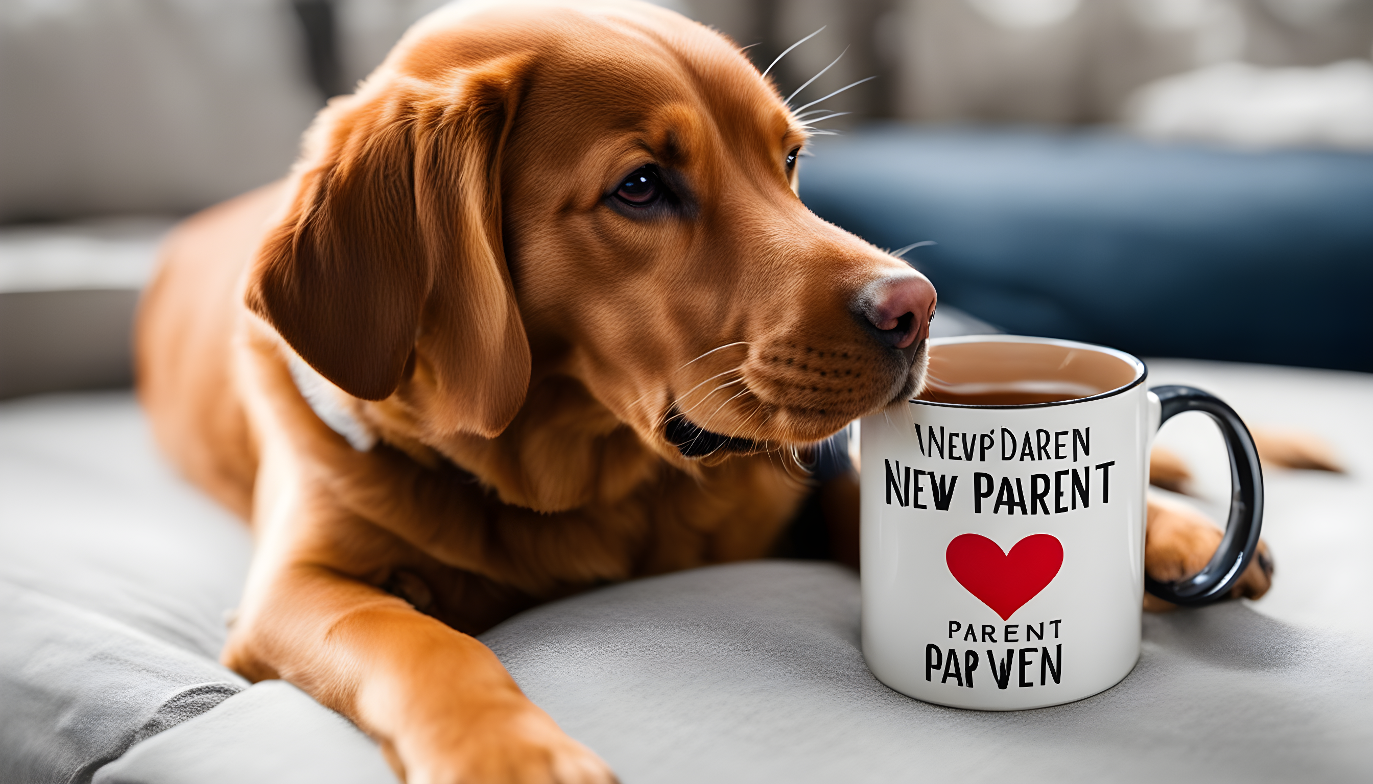 New Red Labrador owner holding a 'New Parent' mug