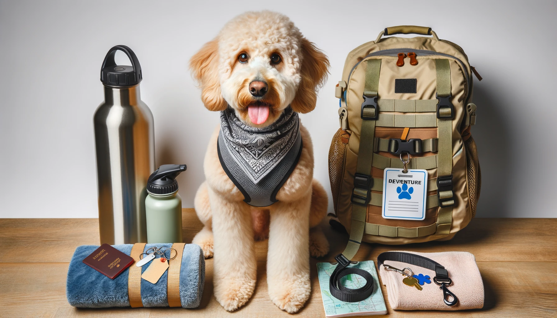 Photo of a Labradoodle geared up for an outdoor adventure. The dog wears a comfortable harness, a bandana, and is surrounded by travel essentials such as a water bottle, a leash, and identification tags, highlighting the additional costs associated with pet adventures.
