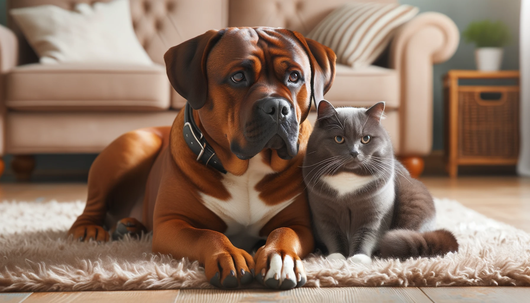 Photo of a calm Bullador dog and a sleek-furred cat sharing a serene moment together. They are sitting side by side on a soft rug, with the dog gently resting its head near the cat, showcasing the Bullador's easygoing temperament. The background is a cozy living room, highlighting the harmony between the two pets.