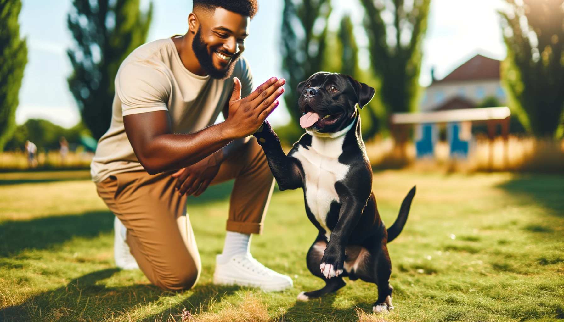 A Bullador giving a high-five to its owner during a fun-filled training session, showcasing how trainable and interactive this breed can be.