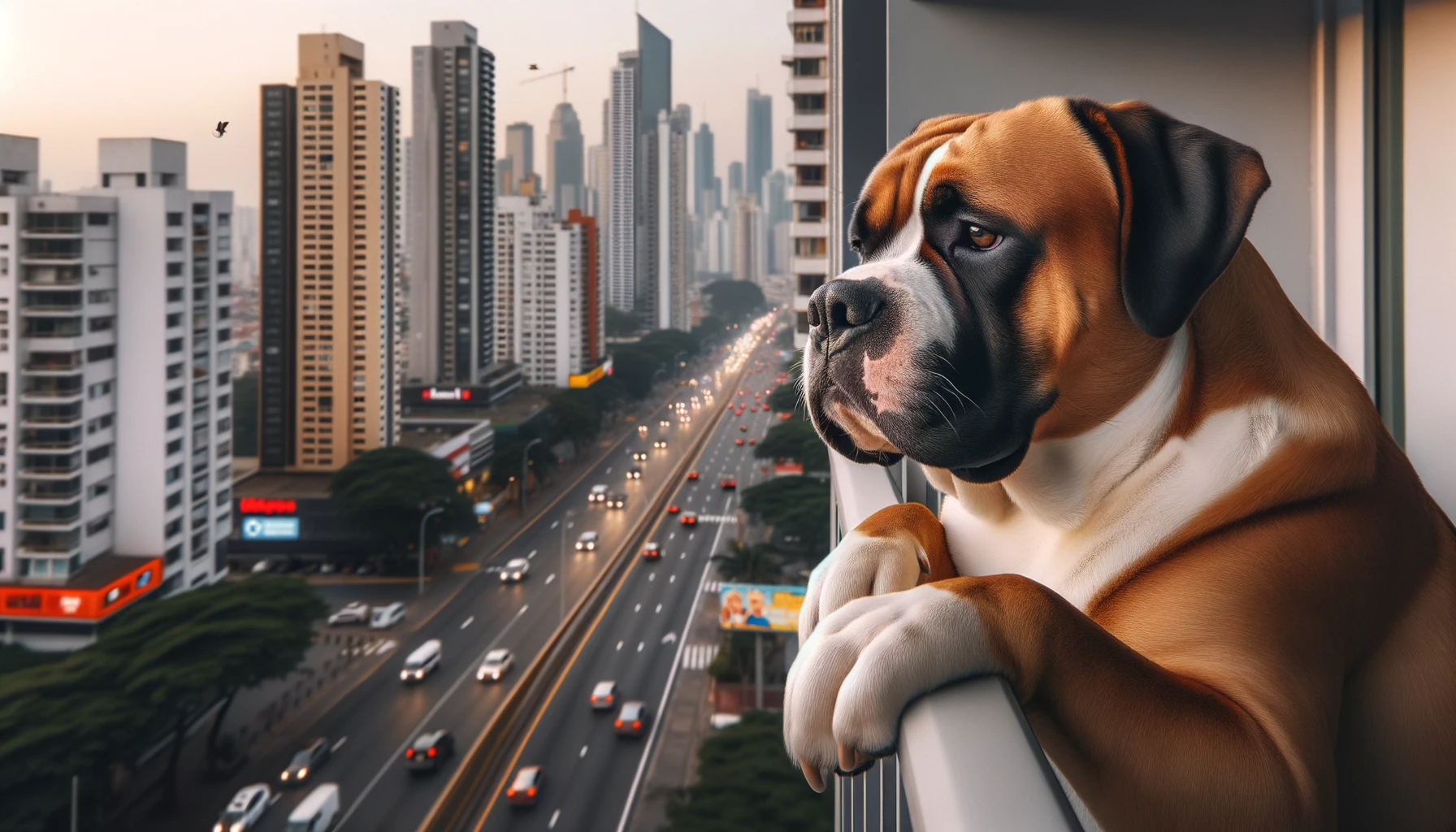 Photo of a contemplative Bullador dog positioned on an apartment balcony, leaning slightly over the railing. Its eyes are focused on the bustling city below, watching cars, people, and birds. The skyline provides a beautiful backdrop, and the dog's expression captures a sense of contentment and curiosity.