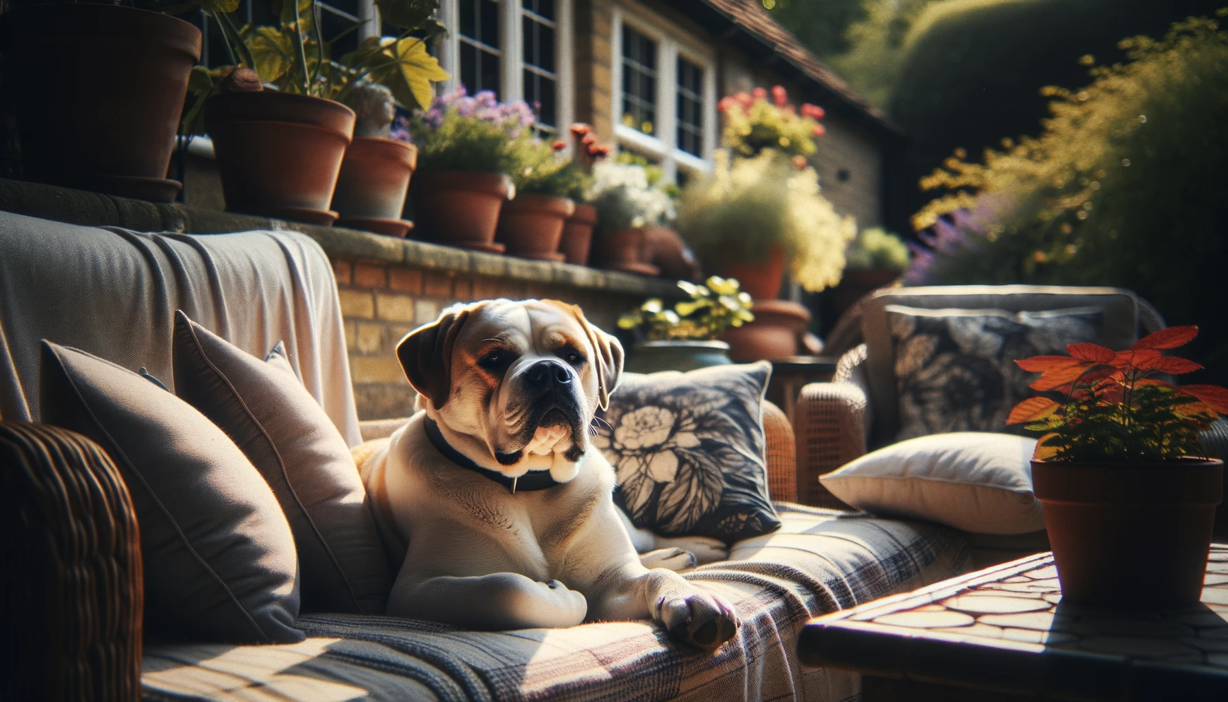 Photo of a content Bullador dog lounging on a patio, surrounded by potted plants and comfortable cushions. The sun casts a gentle glow, emphasizing the dog's relaxed posture and the serene atmosphere.