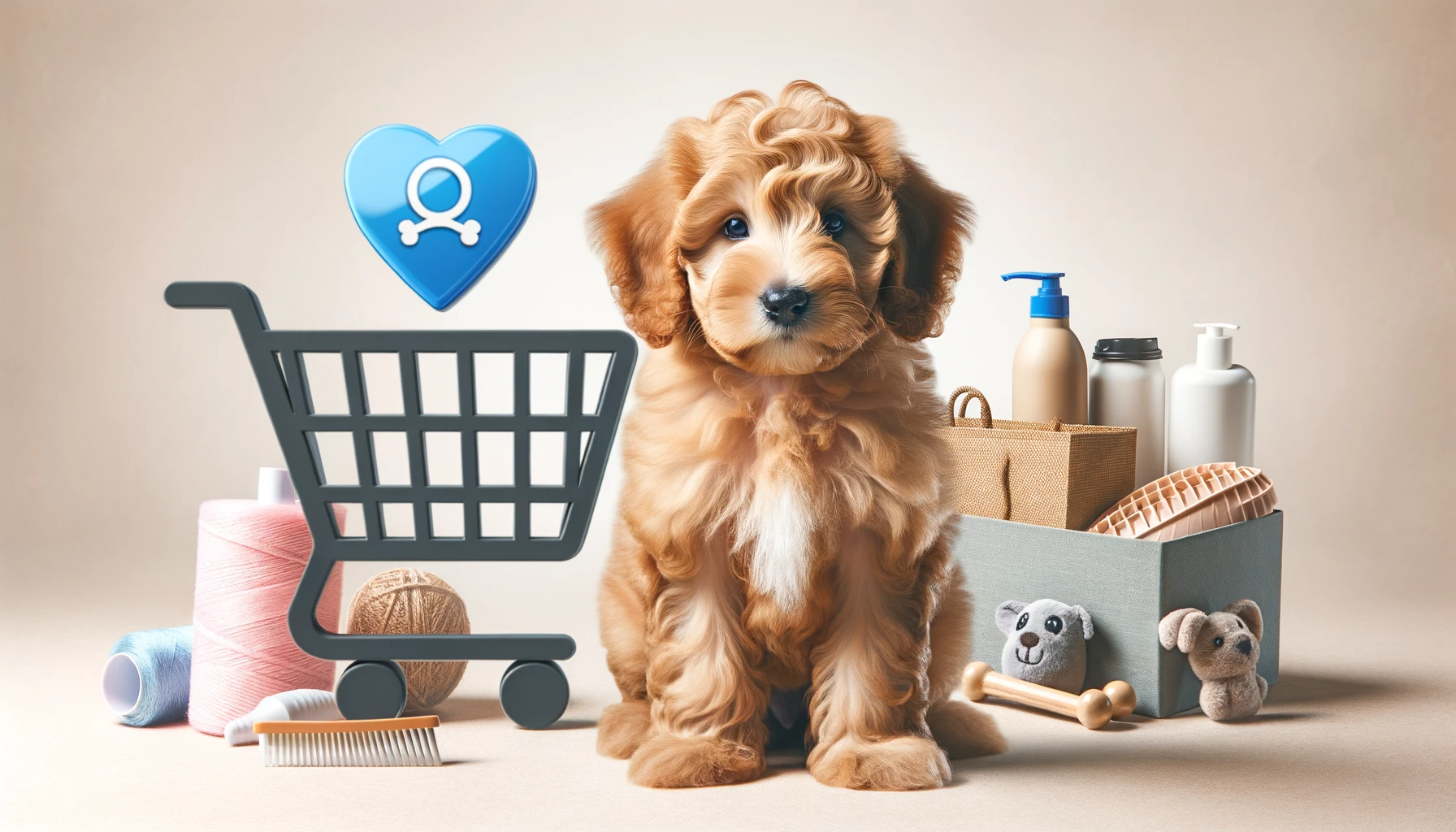 Photo of a cute Labradoodle puppy with soft, wavy fur standing next to a digital shopping cart icon. The background has pet accessories scattered around, representing the initial setup and ongoing costs of owning this breed.
