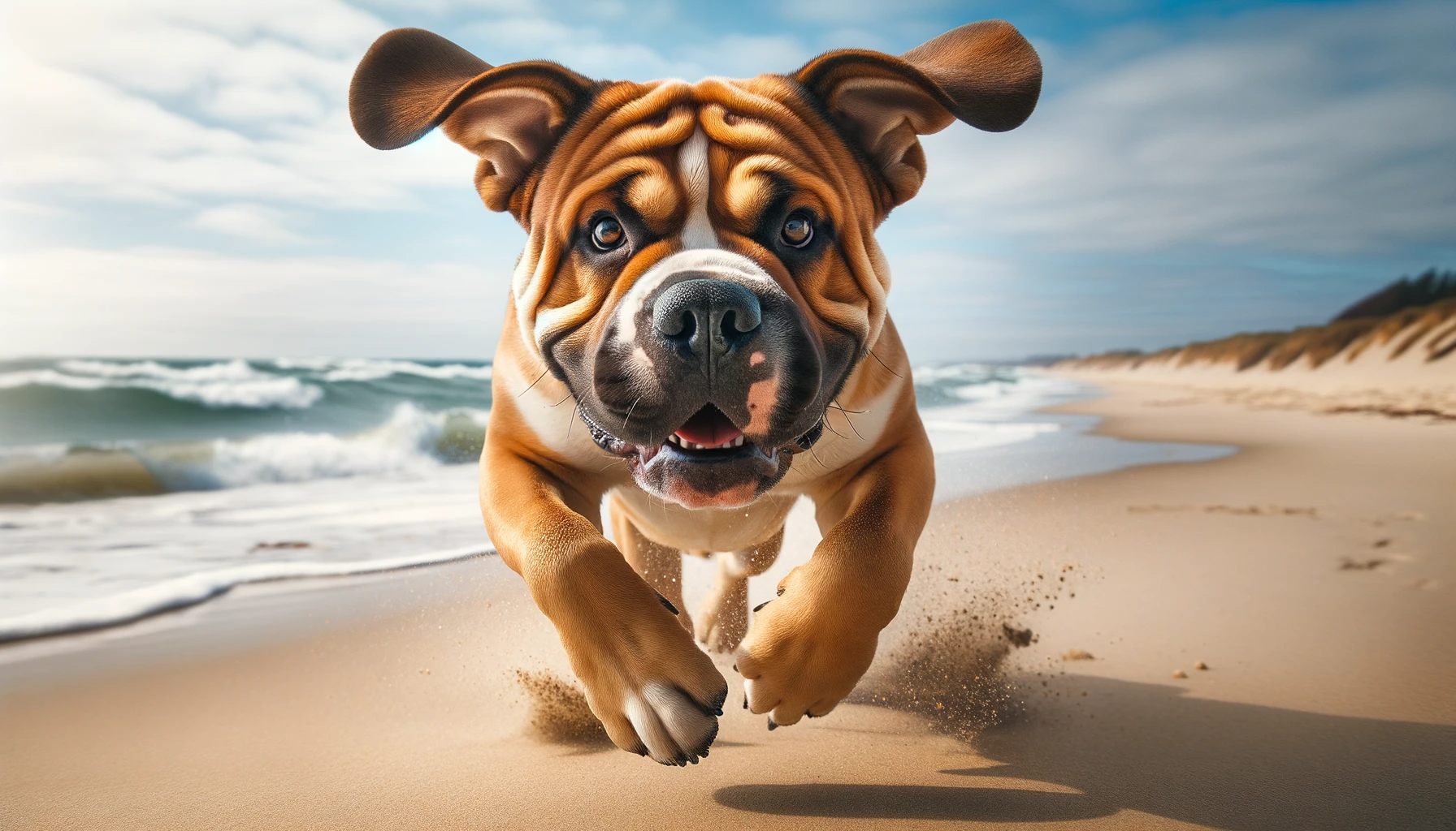 Photo of a dynamic male Bullador dog energetically bounding toward the camera on a sandy beach. His ears flap in the breeze, eyes focused on the viewer, and the ocean waves crash behind him, encapsulating his outgoing and playful nature.