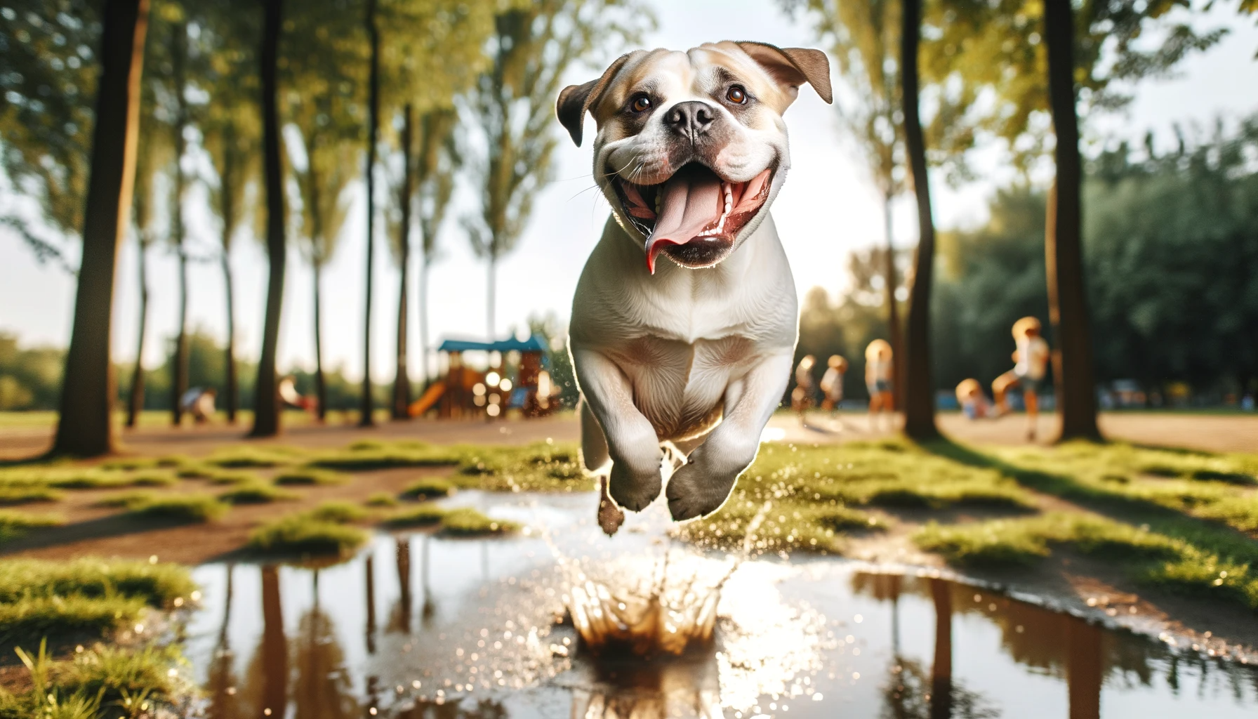 Photo of a picturesque family of Bullador dogs lounging in a well-kept backyard. Adult dogs and playful puppies lie comfortably on the grass, some basking in the sun while others playfully interact. Trees and flowers frame the scene, capturing the heartwarming bond and charm of the breed.