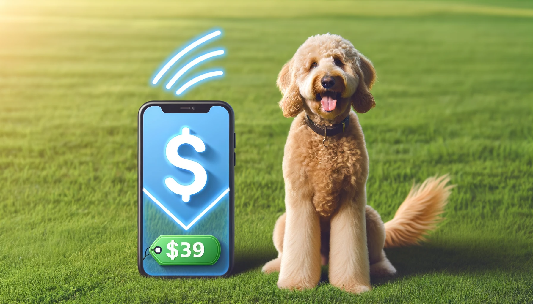 Photo of a happy Labradoodle sitting on a grassy lawn, its tail wagging and tongue out. Next to it is a floating digital price tag icon with a dollar symbol, symbolizing the cost of owning such a breed.