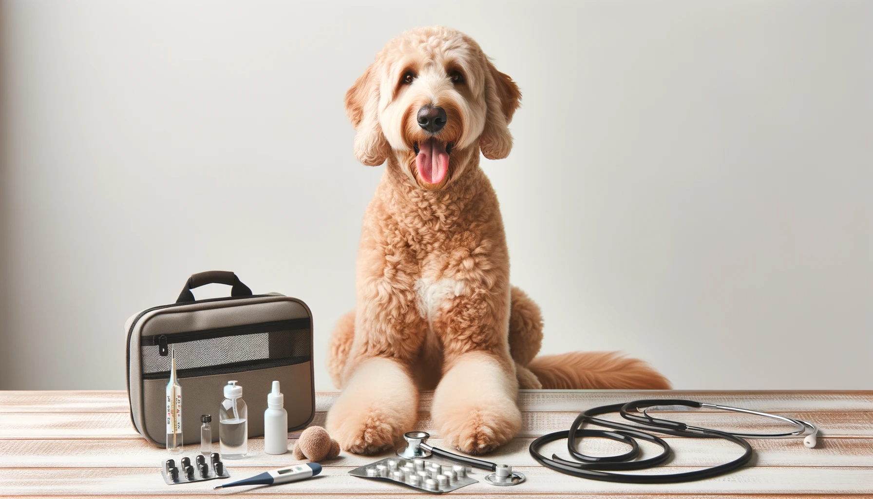 Photo of a joyful Labradoodle sitting calmly next to various vet equipment such as stethoscope, thermometer, and a medical kit. The scene emphasizes the importance of regular health check-ups for maintaining the dog's well-being.