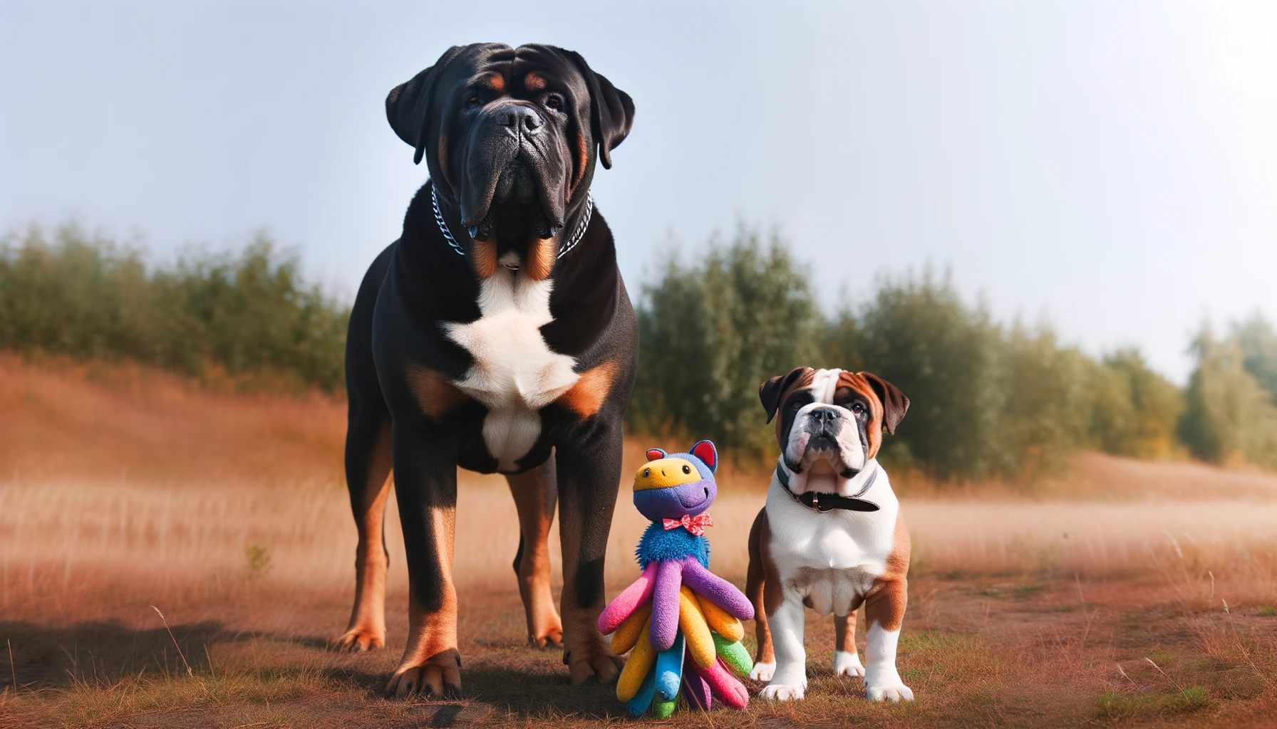 Photo of a male Bullador dog standing taller than a female on a grassy terrain. While the male towers above, the female confidently hogs a colorful squeaky toy, demonstrating her assertive nature despite the size difference.
