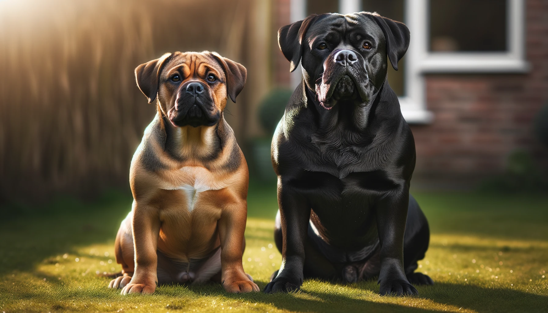 Photo of a male and female Bullador dog sitting side by side on a grassy patch. The male is slightly larger with a robust frame, while the female, although smaller, has a confident and dominant posture. The sun highlights their glossy coats, and their expressions suggest a playful power dynamic between them.