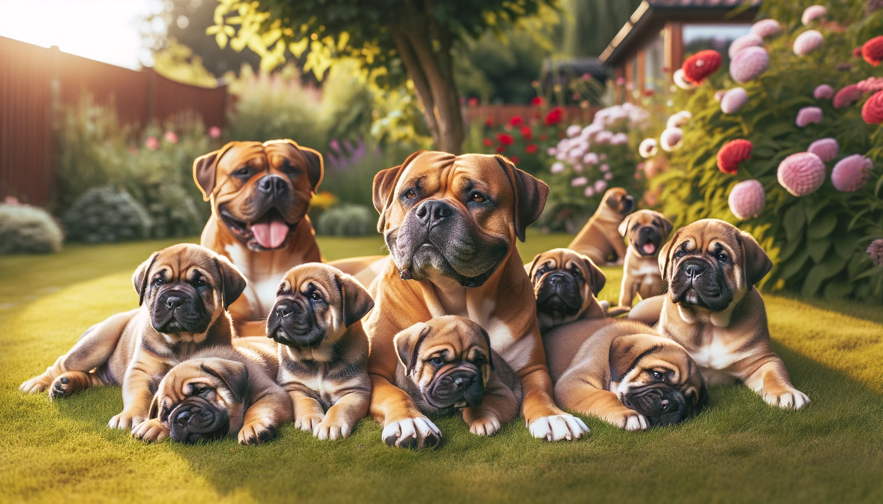 Photo of a picturesque family of Bullador dogs lounging in a well-kept backyard. Adult dogs and playful puppies lie comfortably on the grass, some basking in the sun while others playfully interact. Trees and flowers frame the scene, capturing the heartwarming bond and charm of the breed.
