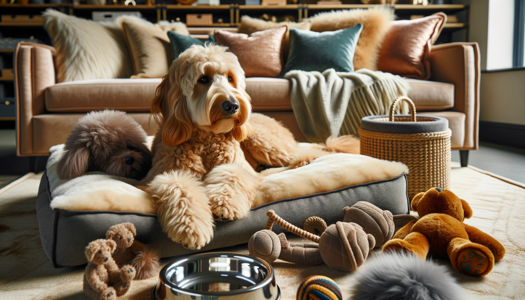 Photo of a relaxed Labradoodle lounging on a plush dog bed in a luxurious setting. The dog is surrounded by high-end pet accessories like toys, cushions, and a fancy feeding bowl, capturing the essence of the good life and comforts that ownership offers.