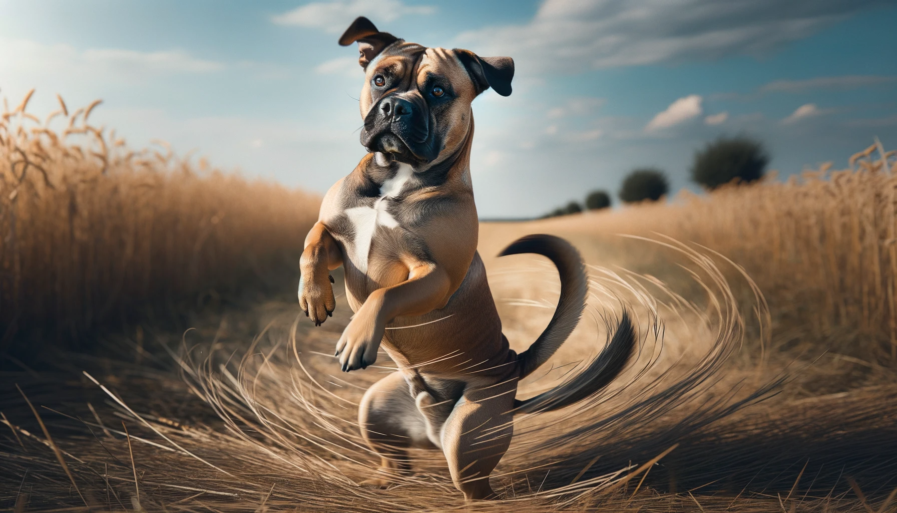 Photo of a smart Bullador dog in an open field performing the 'spin' trick on cue. The dog is captured mid-twirl, its tail and ears in motion, against a backdrop of tall grass and a clear blue sky. The dog's eyes are focused and eager, exemplifying its keen intelligence and trainability.