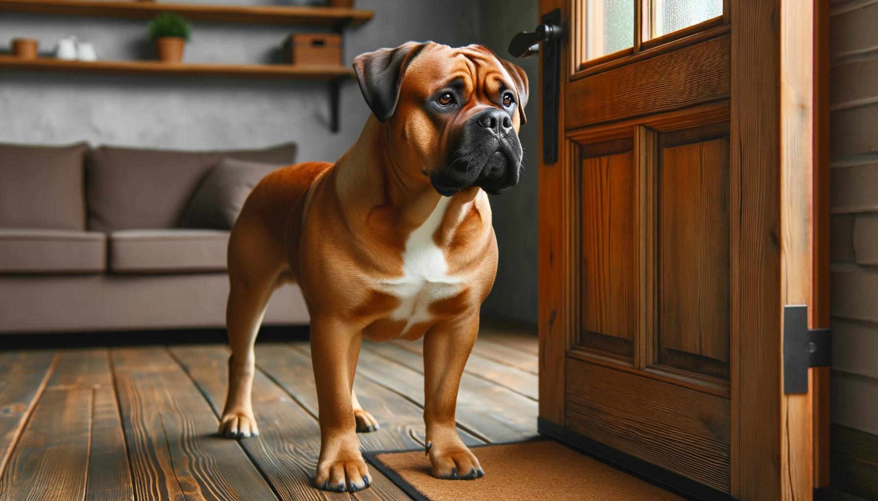 Photo of a vigilant Bullador dog standing guard at a wooden front door. The dog's posture is upright, ears alert, and eyes keenly observing the surroundings, showcasing its unexpected watchdog abilities.