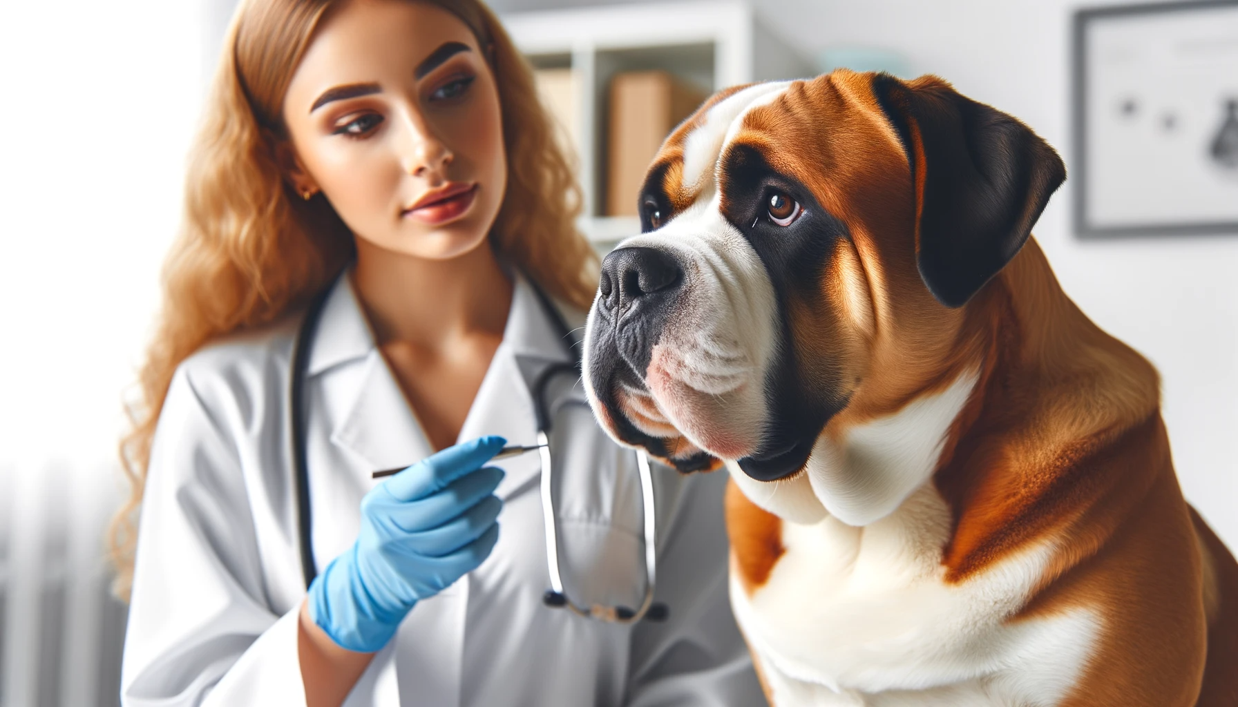 Photo of an attentive Bullador dog during a vet visit. The dog listens closely to a female veterinarian, who speaks to it. The scene highlights the importance of regular veterinary care for pets.