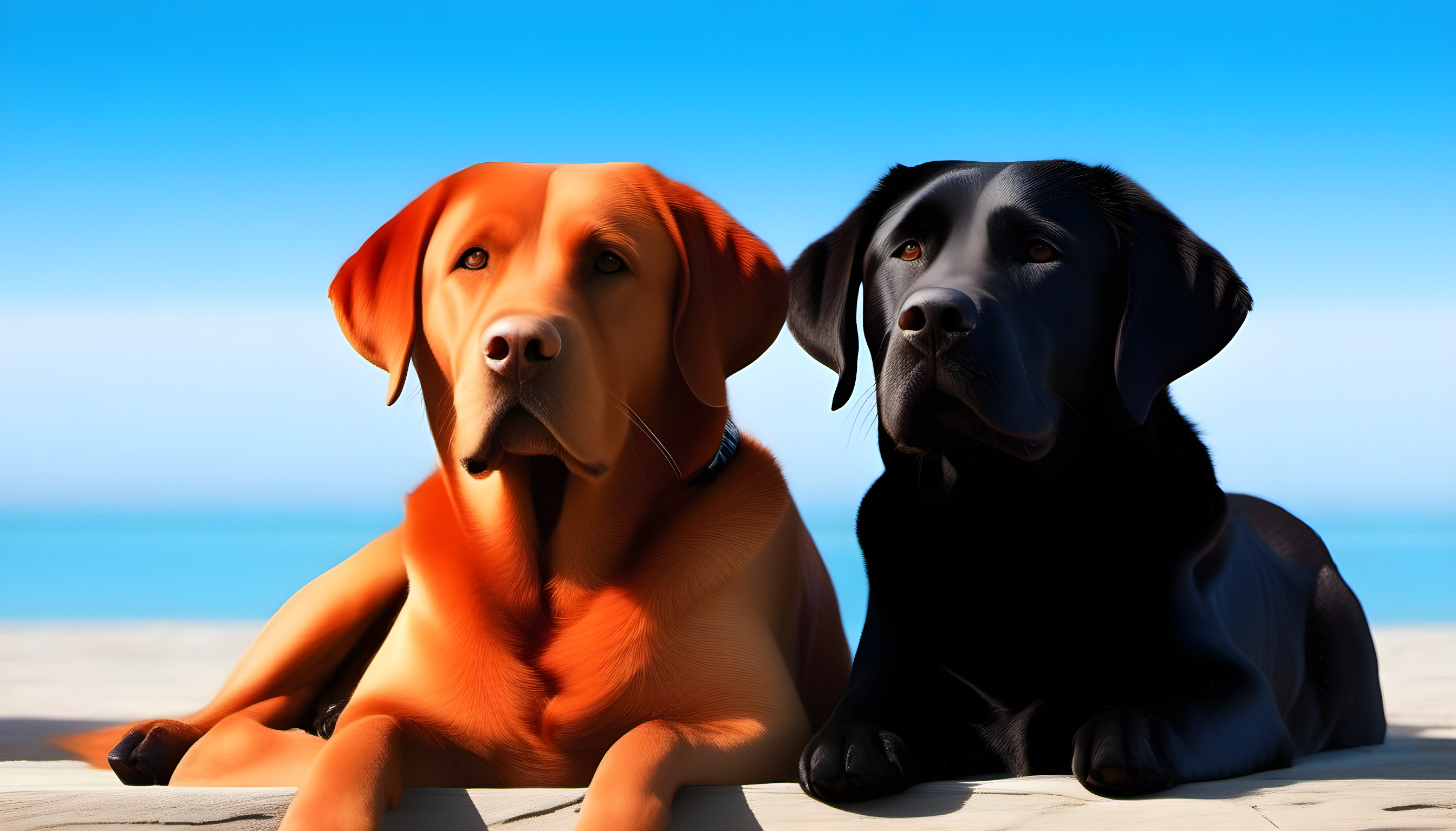 A Red Labrador and a Black Lab showing off their inner zen, proving that calmness can come in any color.