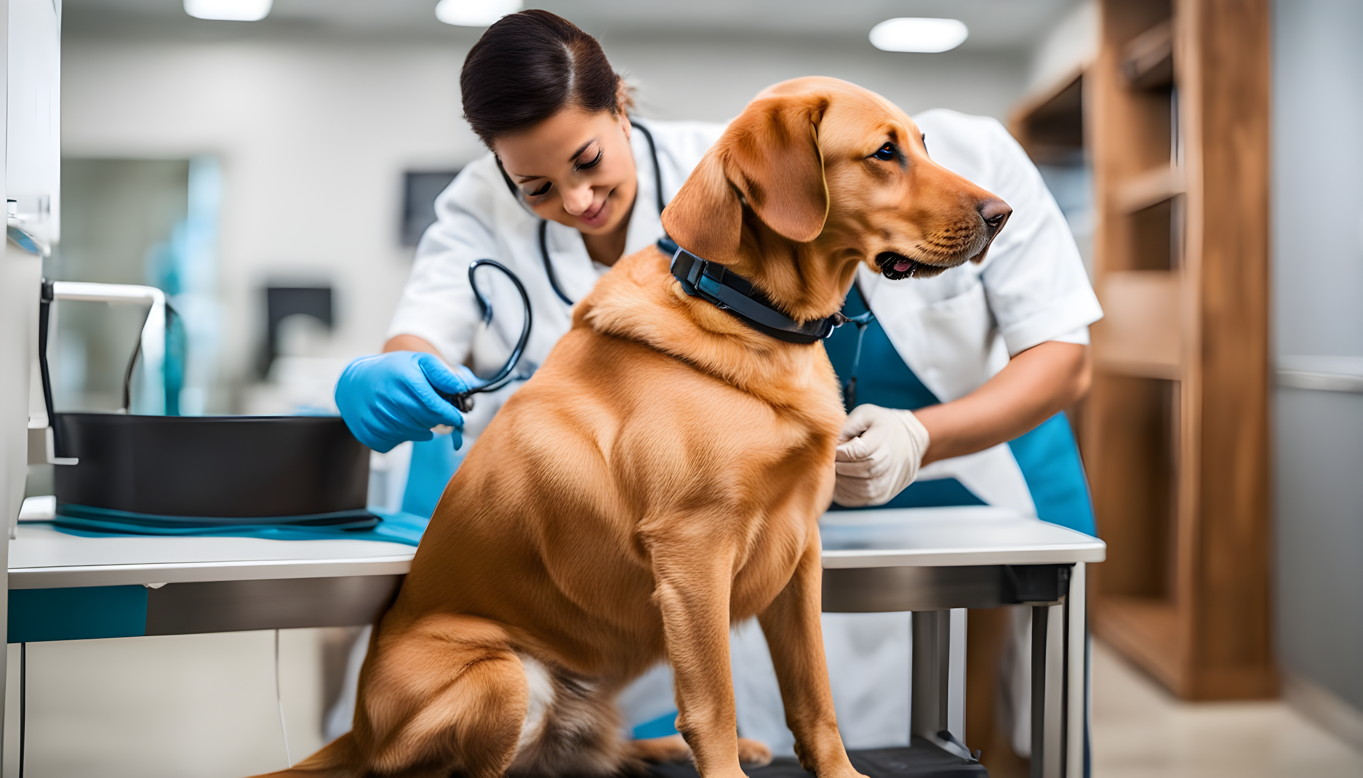 Red Fox Labrador dog getting its yearly check-up like a responsible adult