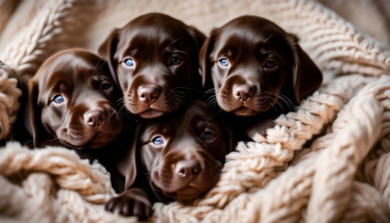 Several newborn Chocolate Lab Puppies cuddled together in a soft, warm blanket, dreaming away.