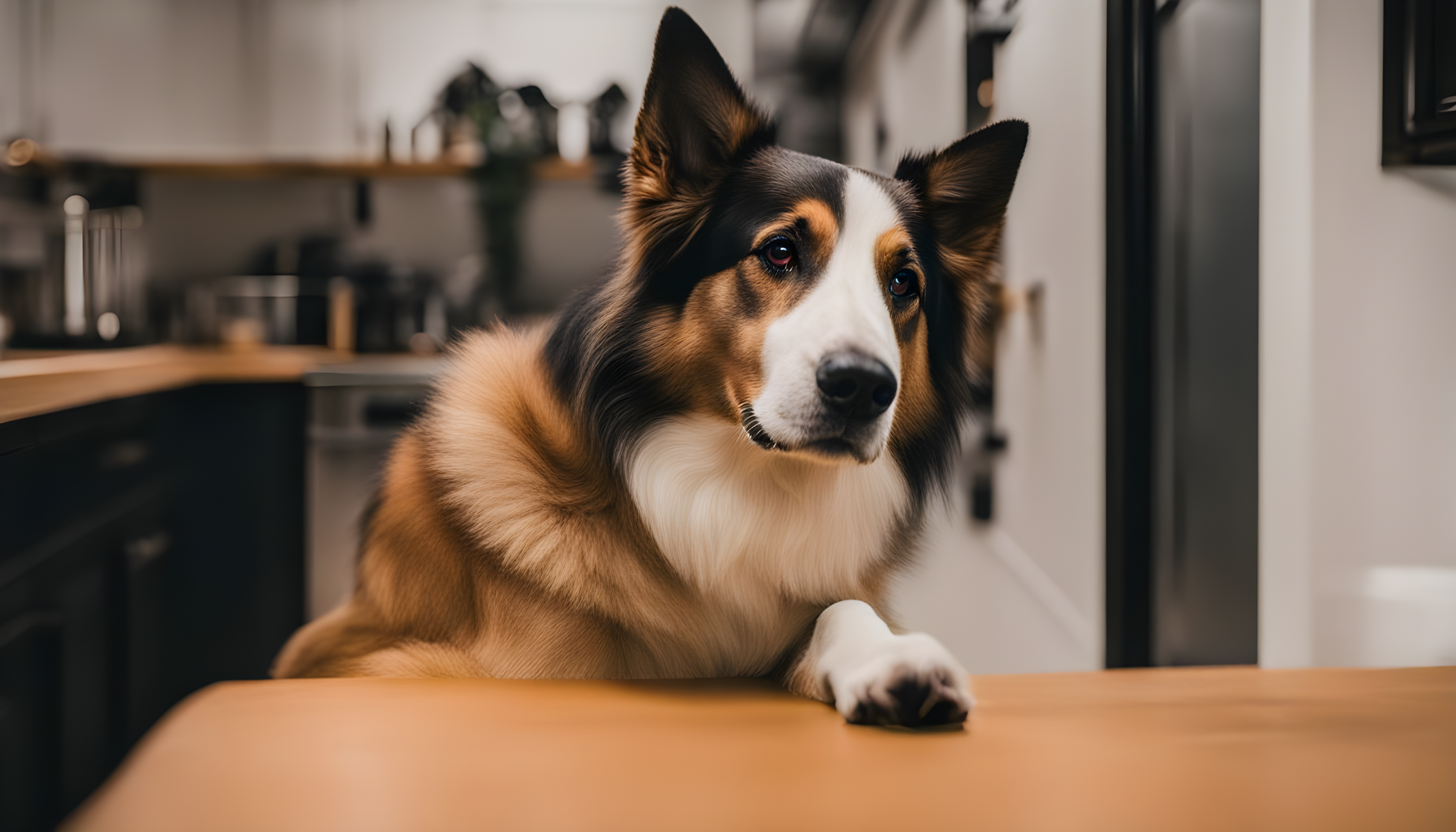 Sheprador eagerly awaiting a meal, tongue out and tail wagging.