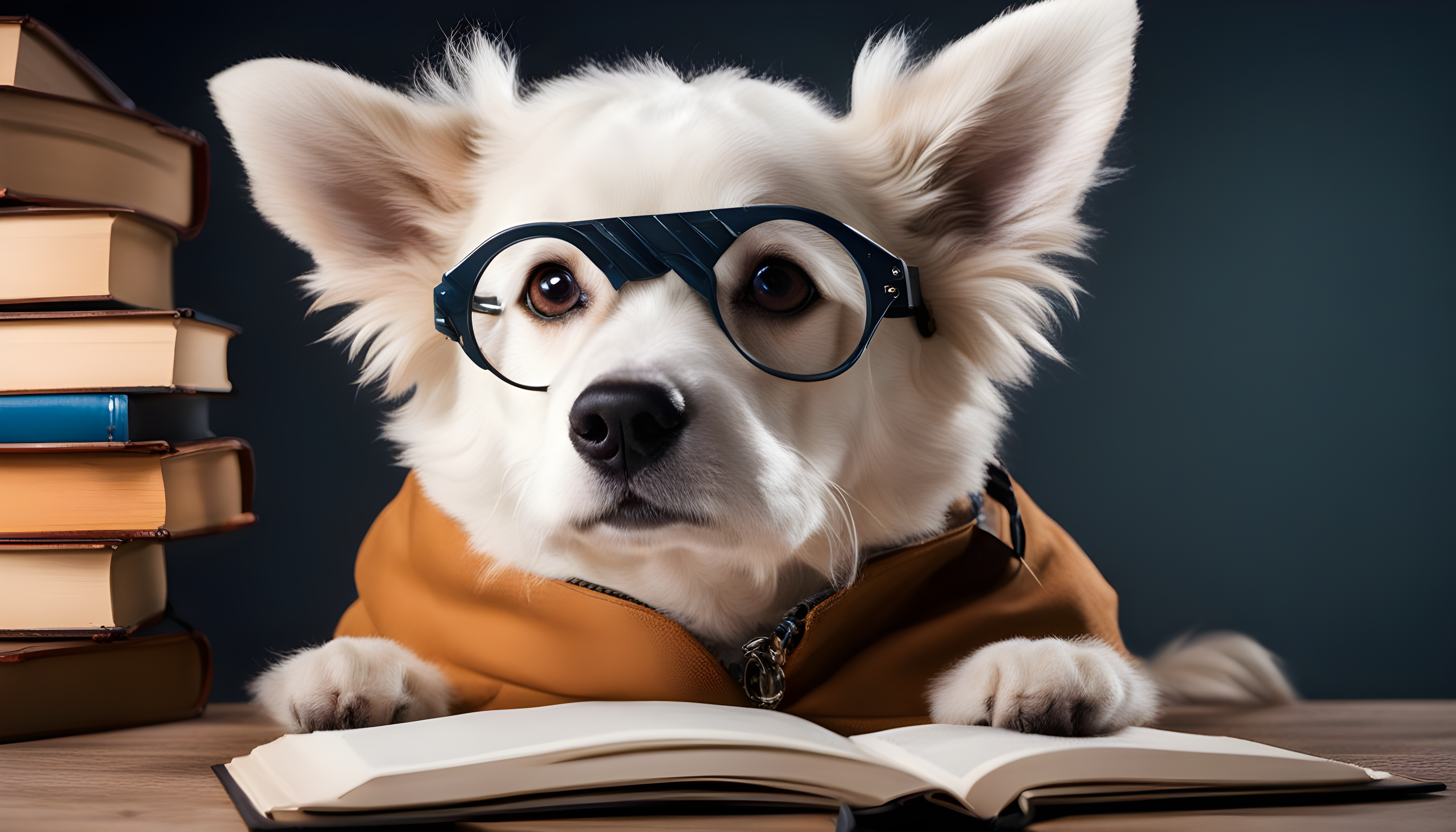 "Sheprador looking like the doggy Einstein, complete with reading glasses and a book."