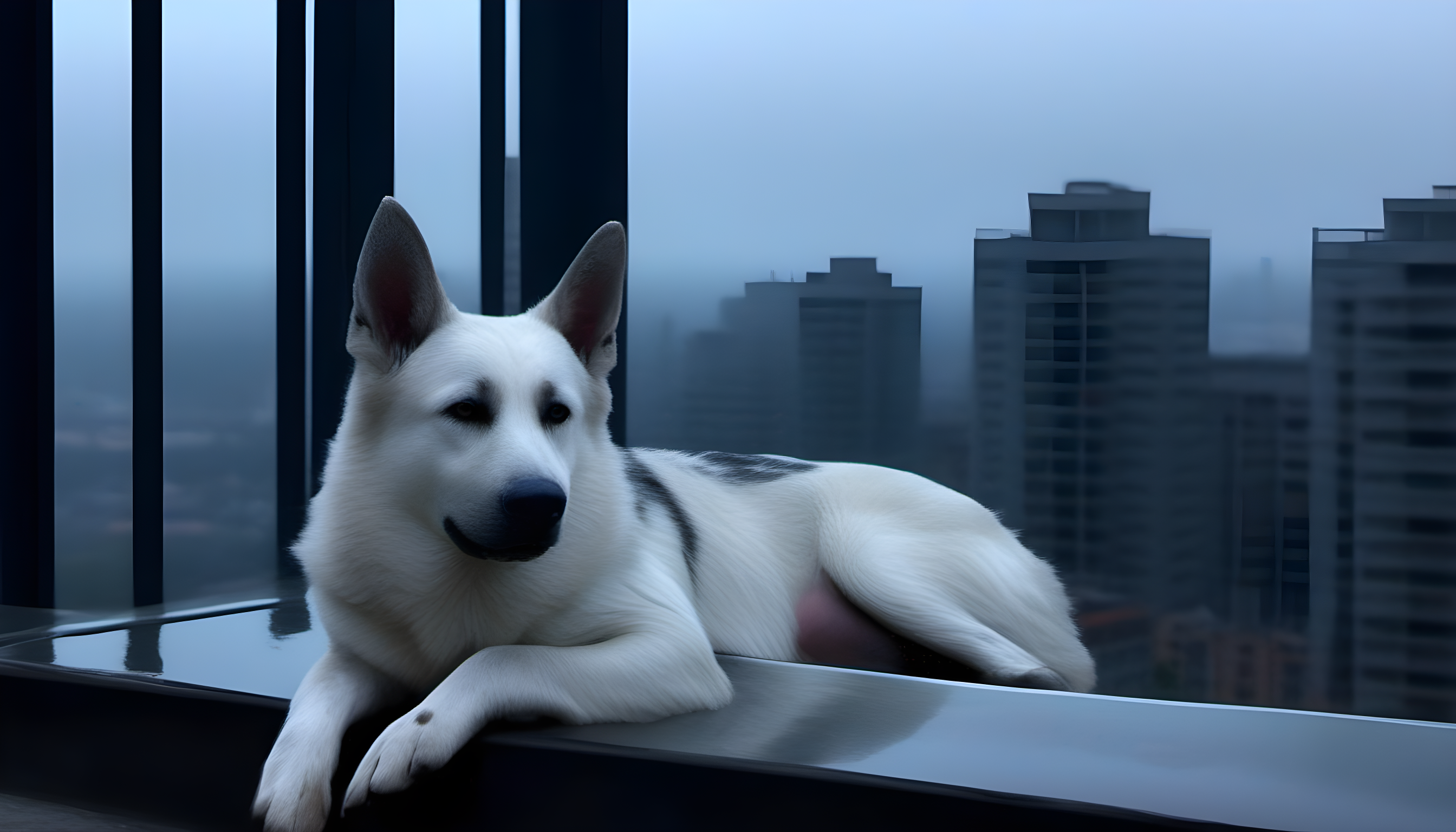 Sheprador lounging on an apartment balcony, looking totally at ease.