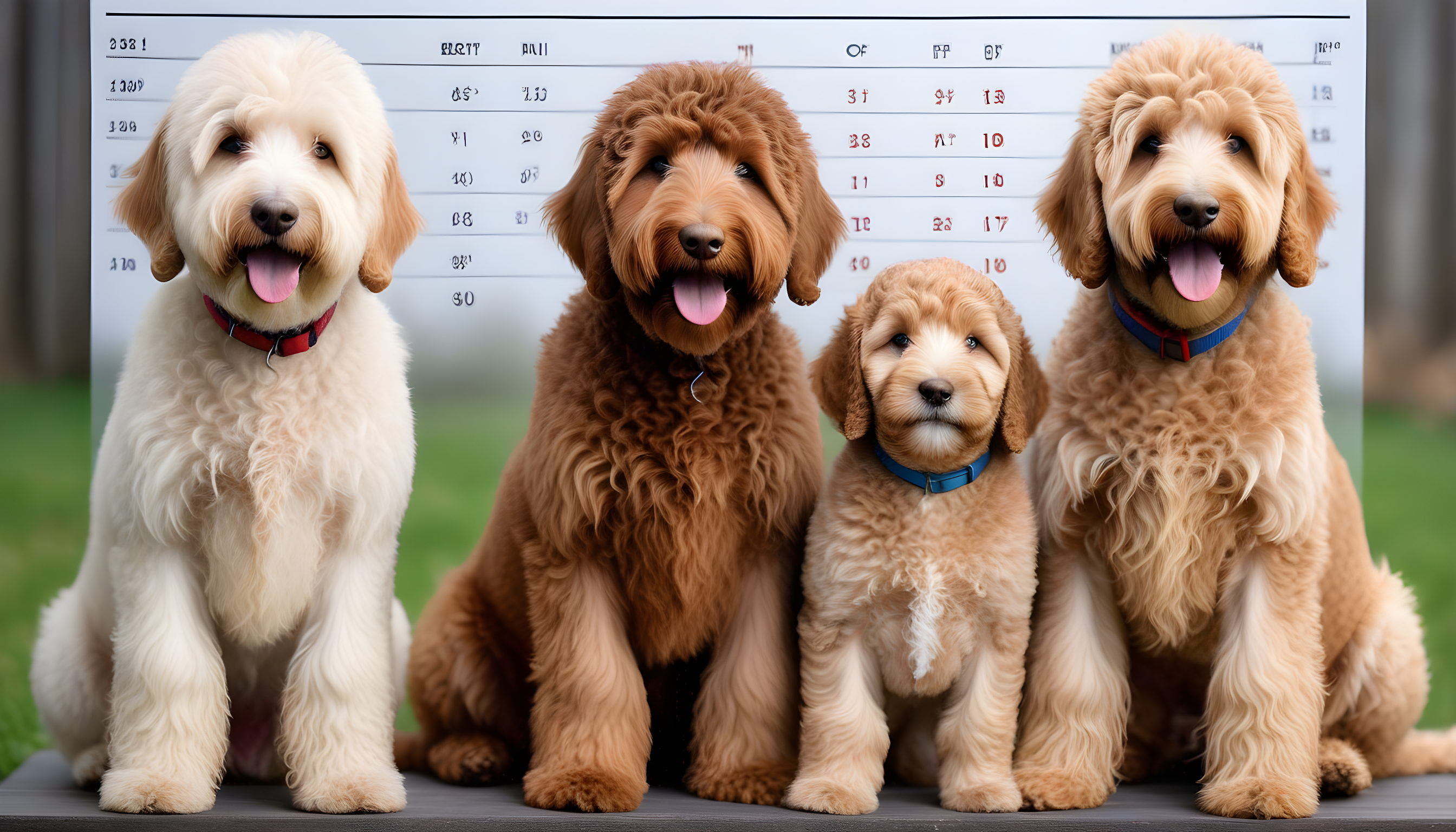 Size chart of standard, medium, and mini Labradoodles