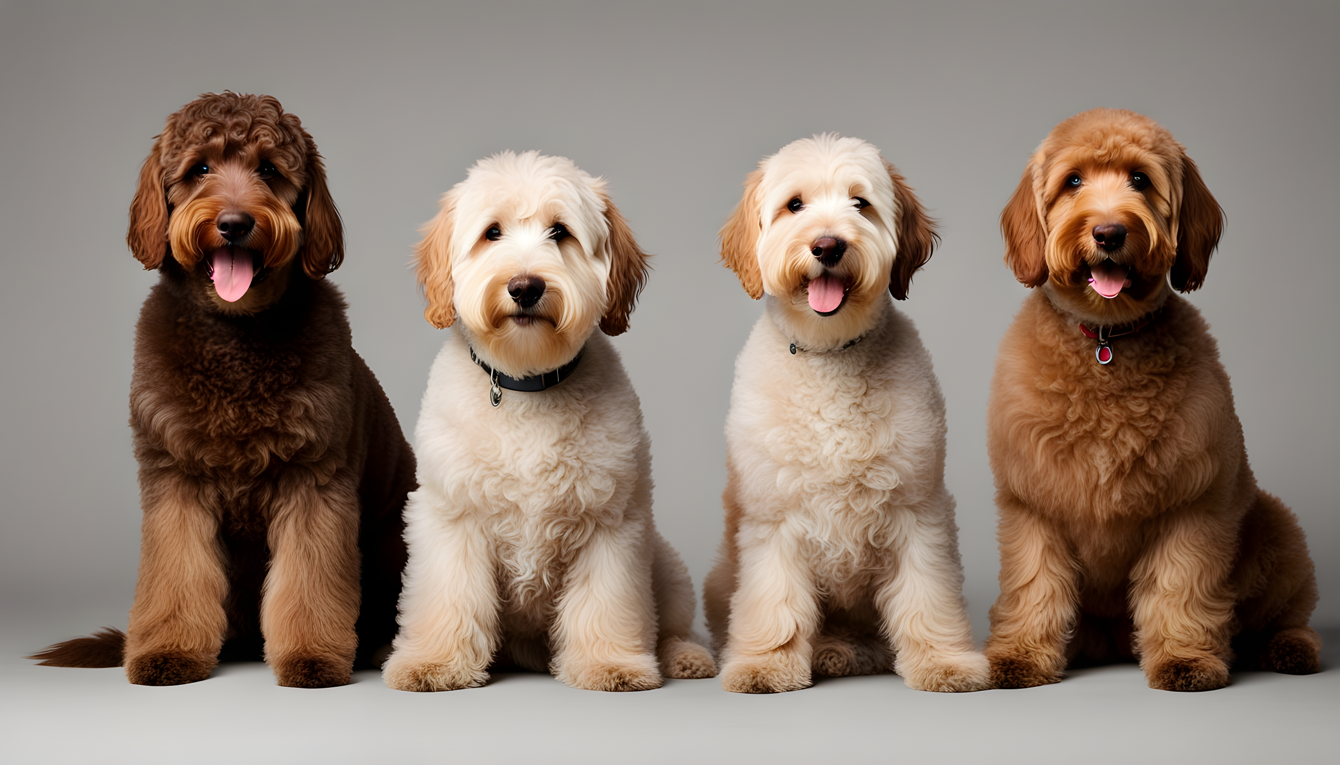 Three Labradoodles of different generations (F1, F1B, F2) sitting happily side by side