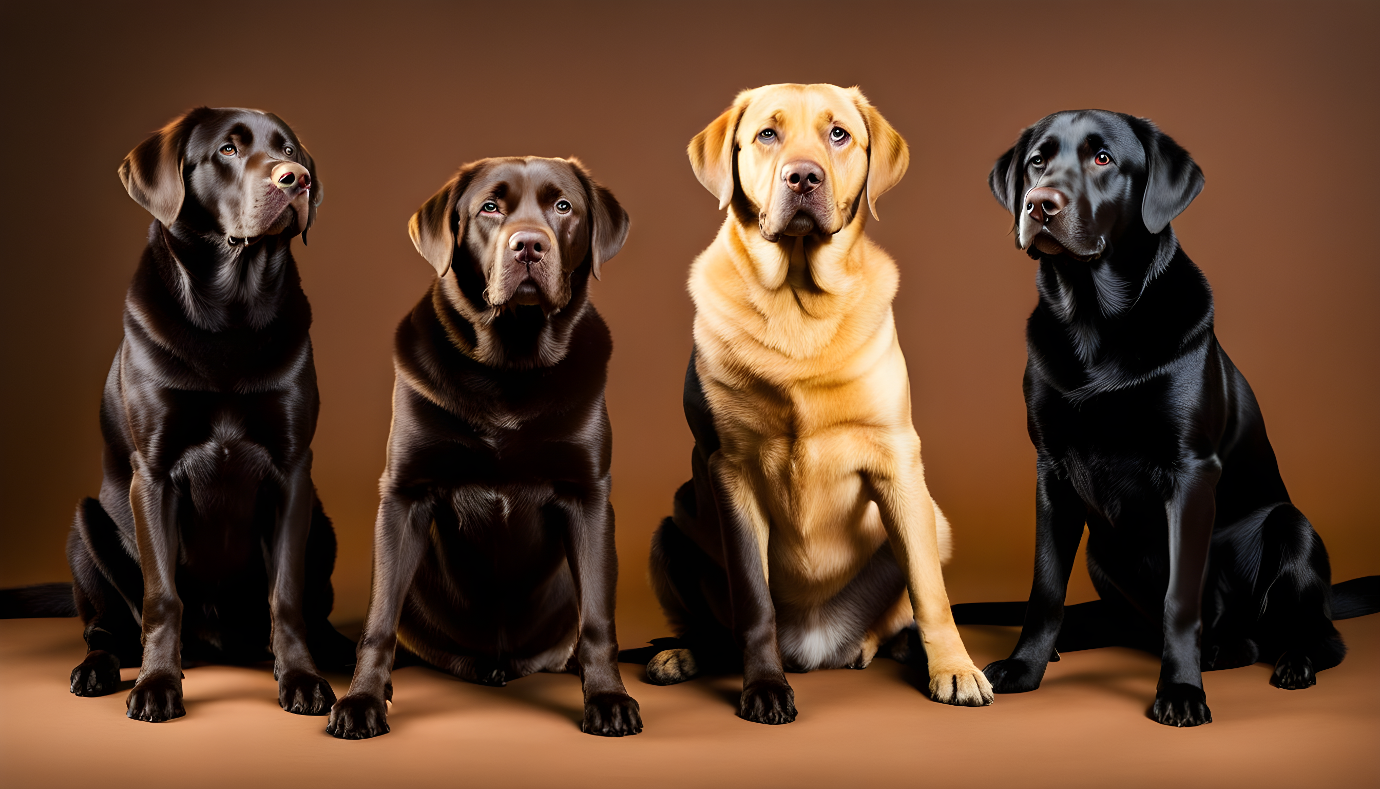 Three Labrador Retrievers in chocolate, yellow, and black