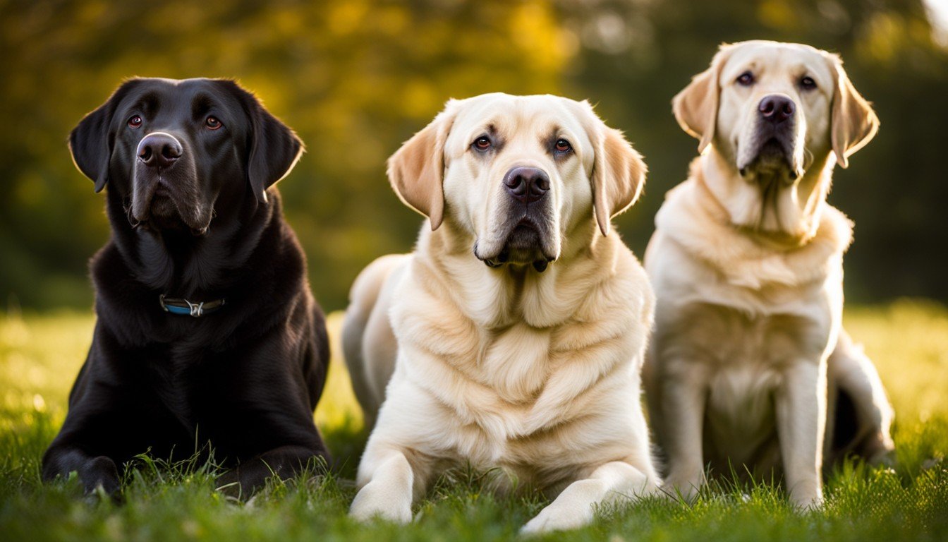 Three Labradors side by side—American, English, and British—looking like they’re posing for a family portrait