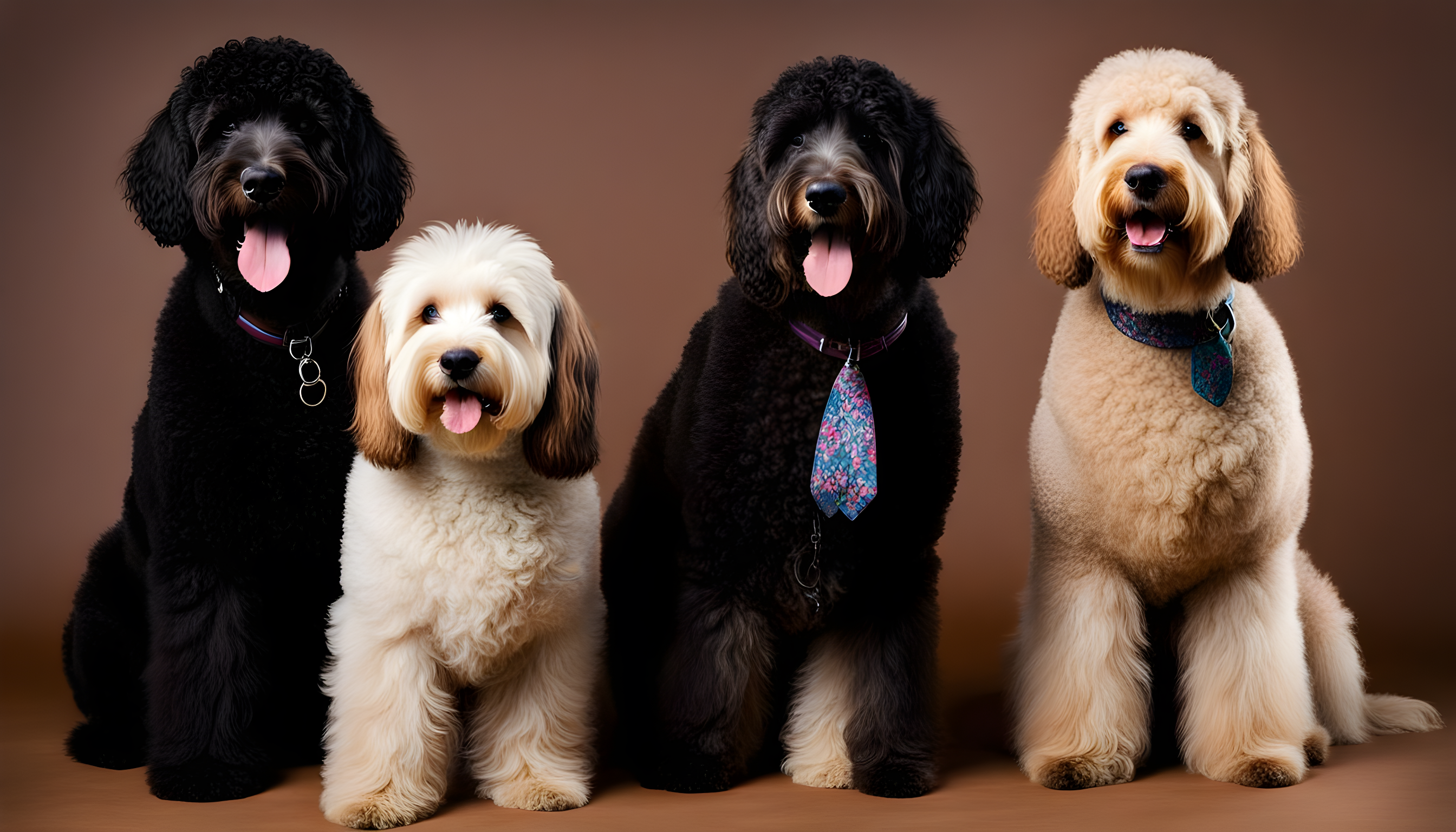 Three different Labradoodles standing side by side, each showing off a different type of coat: wool, fleece, and hair