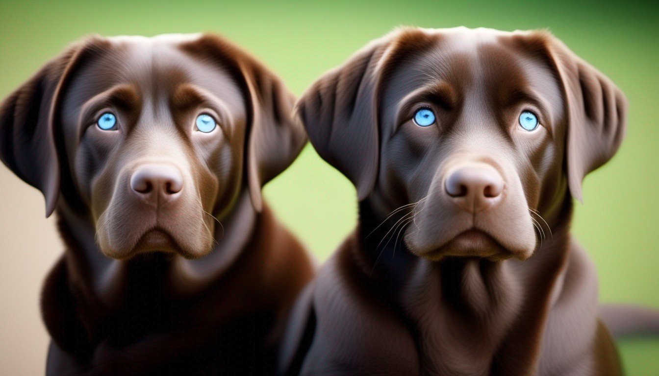 Two Chocolate Labs, one with dreamy blue eyes and another with classic brown, sitting side by side like besties, proving that beauty comes in all shades.