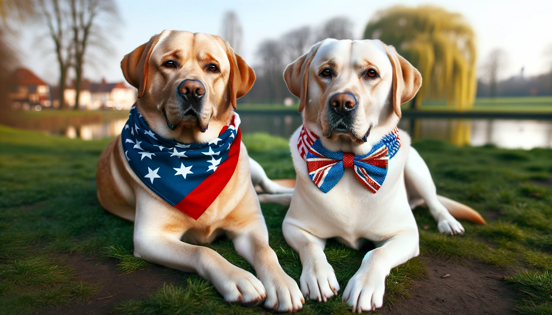 Two Green Labs chilling side by side—one with an American flag bandana, the other sporting a British bow tie.