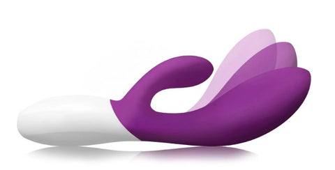 A Lelo Ina vibrator in purple silicone with a white plastic handle