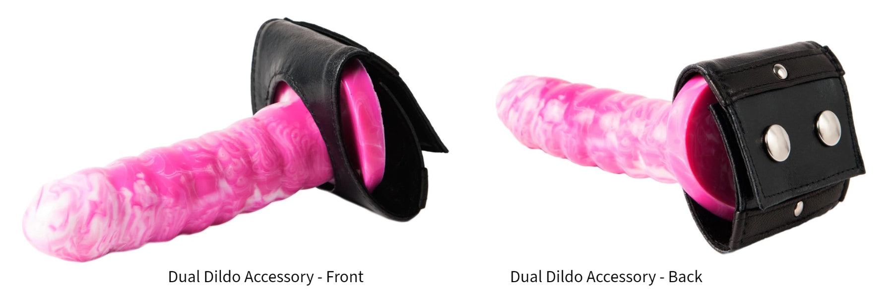 a pink and white marbled dildo with rigs inside a dual dildo accessory