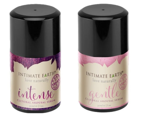 one bottle of Intimate Organics Intense clit serum next to a bottle of gentle clit serum