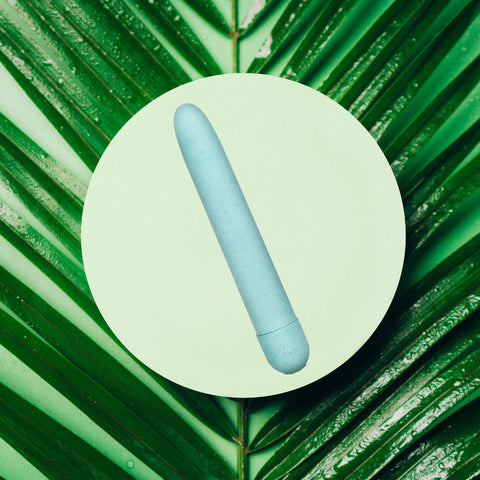 Gaia eco-friendly vibrator in light blue on light green plant background
