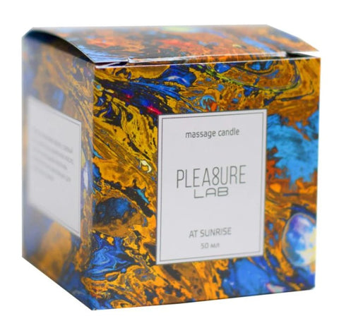 plea8ure Lab massage candle packaging in blues and oranges