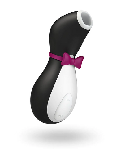 Satisfyer Pro Penguin Clit Suction Toy in black and white with purple bow tie