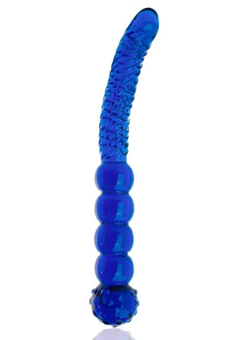 slim glass dildo in blue with two non-identical ends