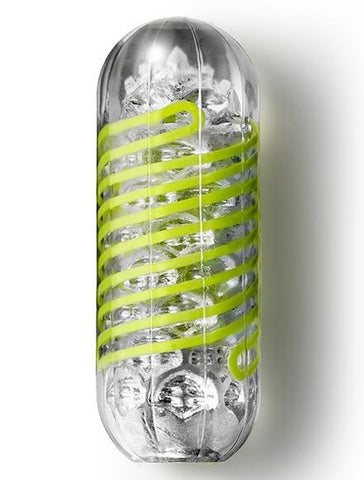 Temga Spinner masurbation cup in clear material with lime green lines for decoration