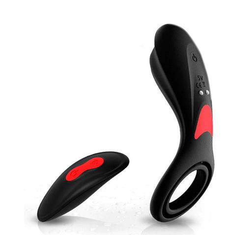 A vibrating cock & balls ring in black with red deatiling + a black and red remote control 