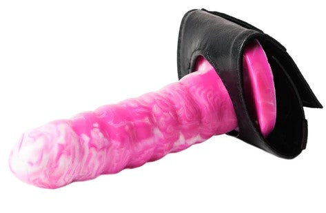 dual dildo accessory in black leather, with a pink and white siliocne dildo