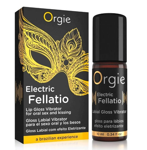 A box and bottle of Orgie Electric Fellatio Lip Gloss