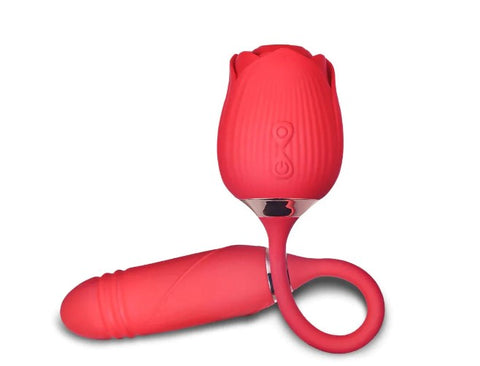 A red rose vibrator with a thrusting bullet attached 