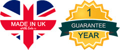 made in the UK logo + 1 year guratantee logo