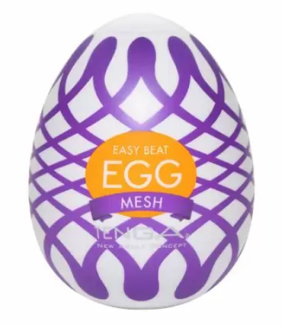 A Tenga Egg in white packaging with purpe pattern