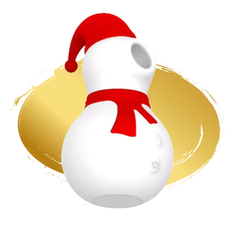 a WHITE SNOWMAN SUCTION TOY WITH RED HAT AND SCARF ON A GOLD BACKGROUND