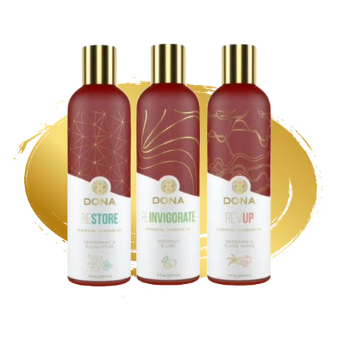 Dona massage oil bottles on a gold background