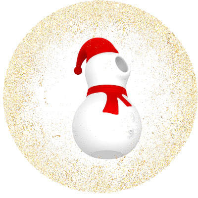 A white snowman suction toy in red hat and scarf, in a gold circle